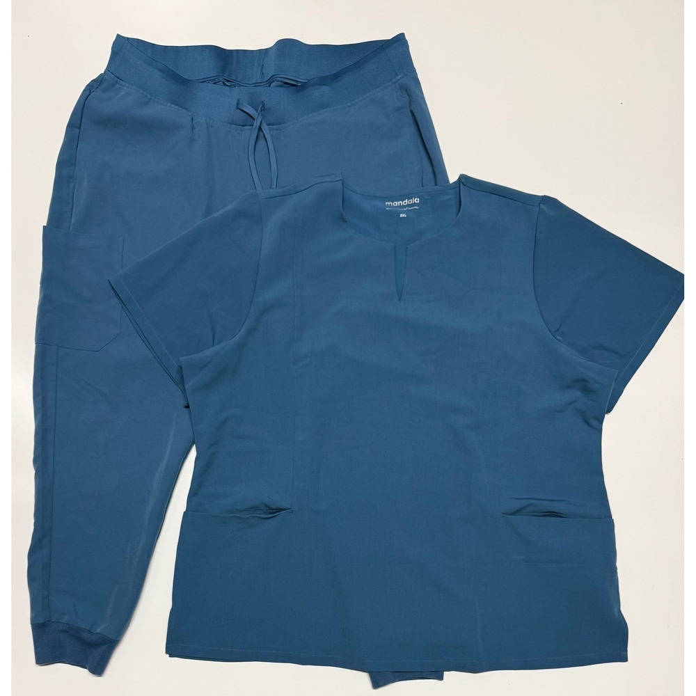 Mandala Womens Scrub Set 2XL Top XL Petite Jogger Pants Teal Blue Equa-Tek